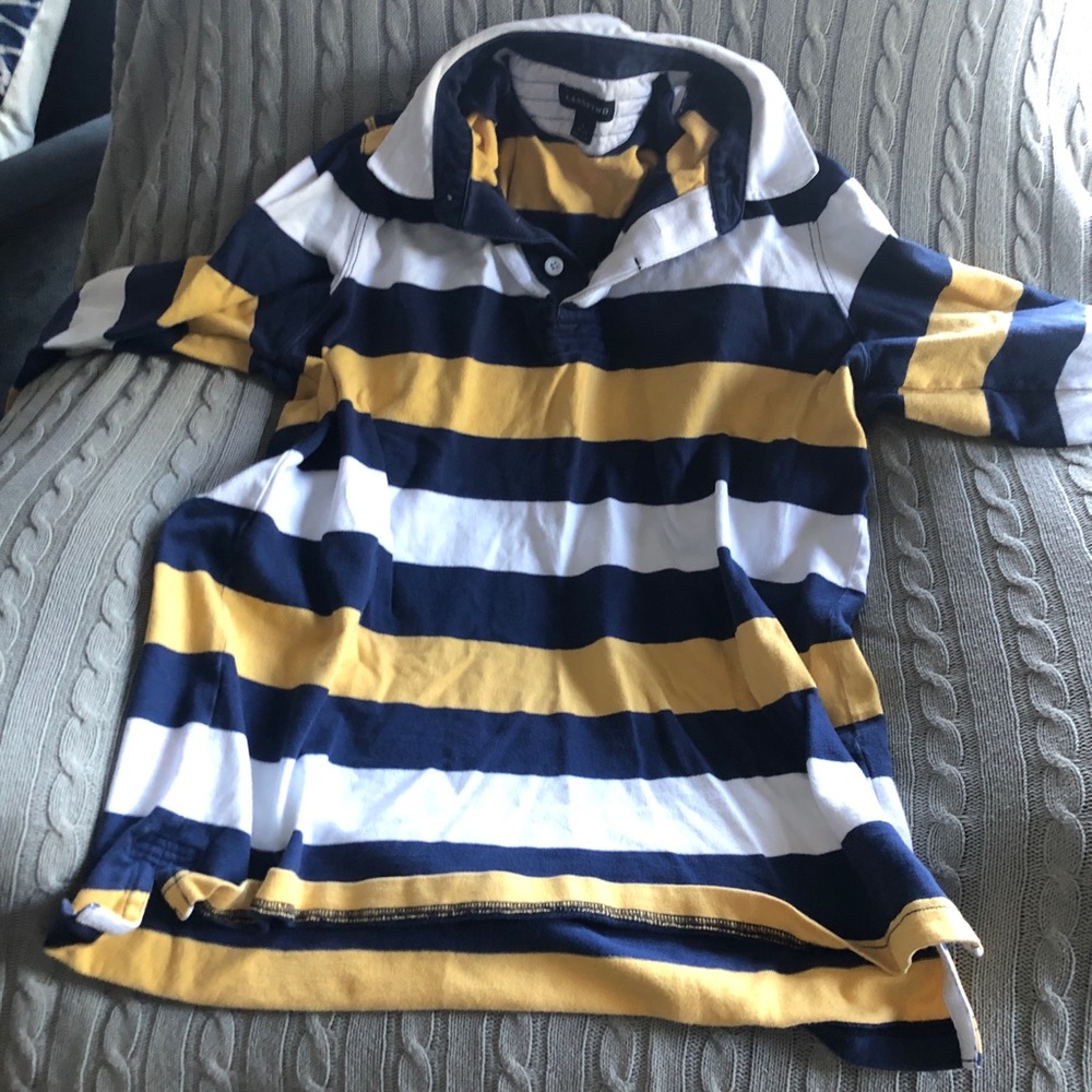 Lands’ End white yellow blue crewneck long sleeve collared neck shirt
